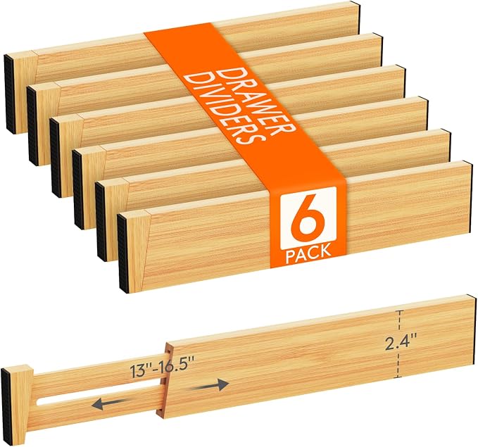 Lifewit 2.4" High 6 Pack Bamboo Drawer Dividers 33-42cm/13-16.5" Adjustable Wooden Drawer Organizer for Clothes/Utensils, Expandable Drawer Separator for Dresser/Kitchen/Bedroom/Office Organization by Lifewit