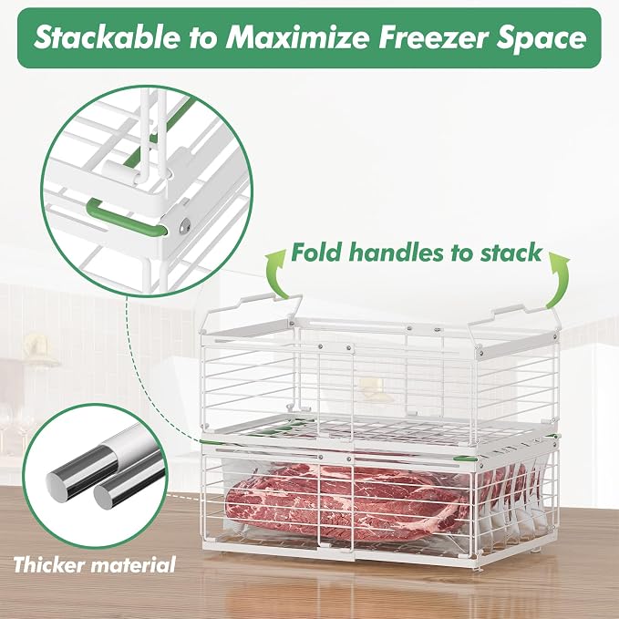 ADRIMER Freezer Organizer Bins, 4 Packs Foldable & Stackable Chest Freezer Organizer Bins with Adjustable Length 11-17.3", Metal Wire Storage Baskets for Upright Freezer, Deep Freezer, Pantry, White - Image 5