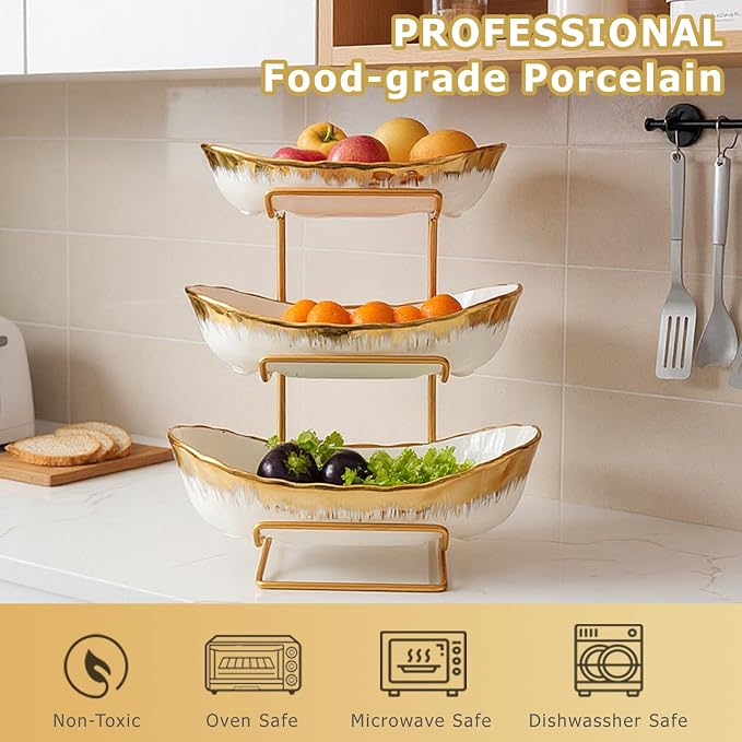3 Tier Fruit Bowl for Kitchen Counter,Ceramic Fruit Basket with Metal Stand | Tiered Holder for Displaying Snacks, Vegetables, Nuts, Desserts, Bread, Candy Storage, Modern Countertop Organizer - Image 3