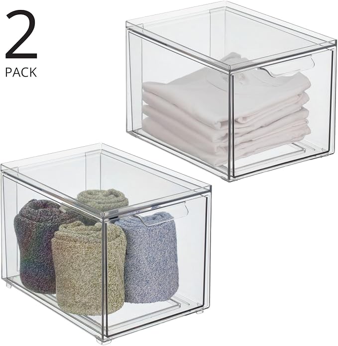 mDesign Plastic Closet Organizer Bin w/Pull Out Drawer - Slim Stackable Storage for Closet - Organization for Accessories, Bags, Totes, Small Linens, and More - Lumiere Collection - 2 Pack - Clear - Image 4