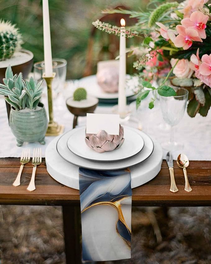 Navy Blue Gold Dinner Napkins Cloth Set of 6, Premium Polyester Napkins 20 x 20 Inch, Marble Modern Art Abstract Gradient Gray Washable and Reusable Table Napkins for Wedding Cocktail Hotel - Image 4