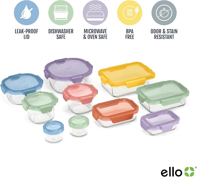 Ello Color Lock Glass Meal Prep Sets Leak-Proof Glass Food Storage Containers with Airtight BPA-Free Plastic Lids, Dishwasher, Microwave, and Freezer Safe - Image 3