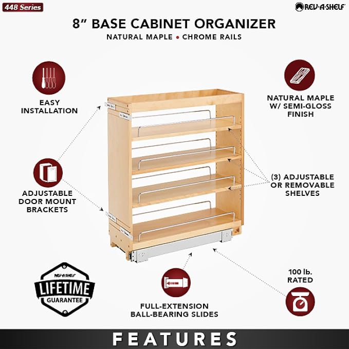 Rev-A-Shelf Pullout Kitchen Cabinet Organizer, Min Cabinet Opening 8.5" W | 8" W Slide Out Pantry Spice or Utensil Storage Rack with Adjustable Shelves for Base Cabinet Organization, 448-BC-8C - Image 4