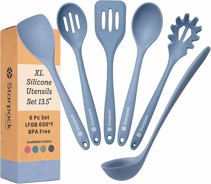 Starpack Like a Boss XL Silicone Cooking Utensils Set (6-Piece, 13.5") - LFGB Certified, 600°F Heat Resistant, BPA-Free - Heavy-Duty Steel Core, Dishwasher Safe - for Nonstick Cookware, Light Blue by StarpackHome