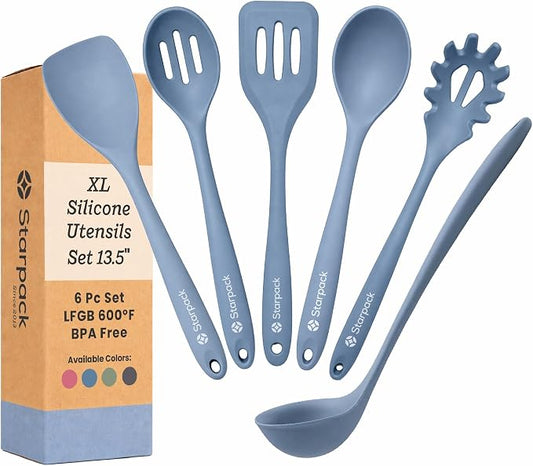 Starpack Like a Boss XL Silicone Cooking Utensils Set (6-Piece, 13.5") - LFGB Certified, 600°F Heat Resistant, BPA-Free - Heavy-Duty Steel Core, Dishwasher Safe - for Nonstick Cookware, Light Blue by StarpackHome