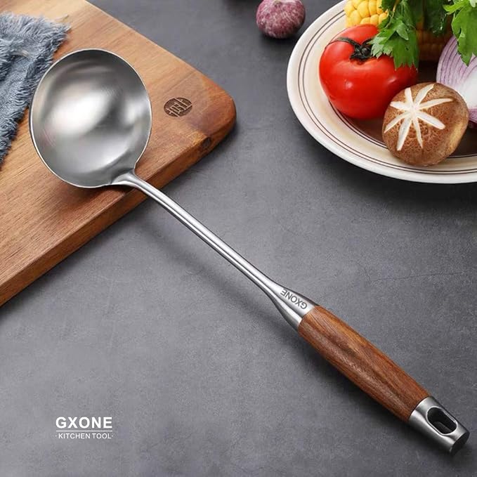 Soup Ladle,304 Stainless Steel Cooking Ladle with Wooden Handle,14.6Inch | Large soup ladle,cooking spoon for wok,for serving soups and stew - Image 5