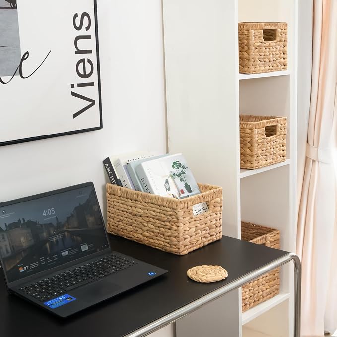 KOKODO Pack 3 Medium Wicker Storage Baskets with Handles, Stylish and Durable Water Hyacinth Rectangle Handwoven Basket Bin with Metal Frame & Handle for Room Organizing - Image 7