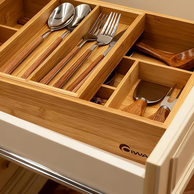2-Tier Drawer Organizer with Removable Cutlery Tray Kitchen Utensil Silverware Drawer Organizer, Silverware Tray for Drawer Utensil Holder Bamboo Flatware Box for Utensils Stationery Cosmetics (M) - Image 5
