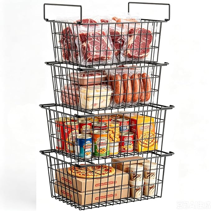 Stacking Freezer Organizer Bin Large Capacity Chest Freezer Baskets | Easy Get and Sort Deep Freezer Baskets for Frozen Meats Food Storage Containers, 4Pcs by Homics