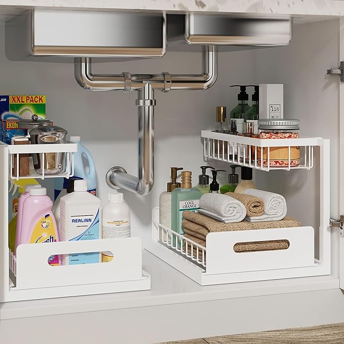 Under Sink Organizer, L-Shaped 2 Tier Pull Out Cabinet Organizer | Slide Out Under Cabinet Storage, For Kitchen and Bathroom, Metal Under Sink Storage with Sliding Drawer, 50 lbs, White 2 Pack by REALINN