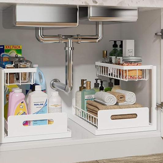 Under Sink Organizer, L-Shaped 2 Tier Pull Out Cabinet Organizer | Slide Out Under Cabinet Storage, For Kitchen and Bathroom, Metal Under Sink Storage with Sliding Drawer, 50 lbs, White 2 Pack by REALINN
