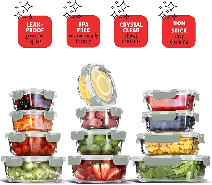 EATEX 24pc Glass Storage Containers with Lids, 12 Glass Food Storage Containers with 12 Airtight Lids for Pantry & Kitchen, Meal Prep Containers for Lunch, Oven Freezer Microwave & Dishwasher Safe - Image 7