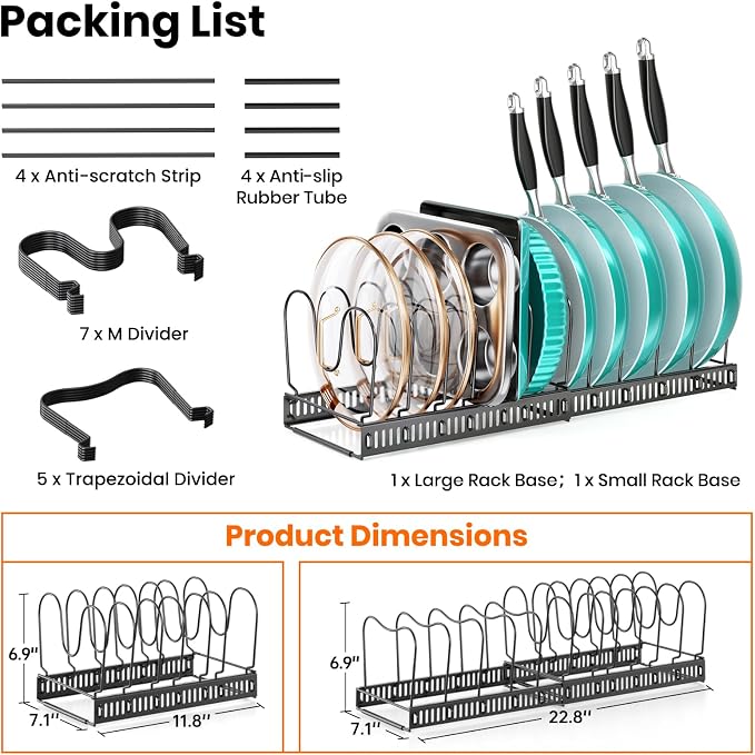 MUDEELA Expandable Pot Pan Lid Organizers inside Cabinet, 12 Divider-Black | Expandable 11.8–22.9", 12 Adjustable Divider, Tool-Free Assembly, Non-Slip, Scratch-Proof, For Pan Lid Cutting Board Bakeware - Image 7