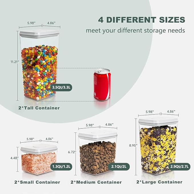 Airtight Food Storage Containers, 8-Piece Pantry Organizer Set | One-Touch Pop-Top Lids, Clear Stackable Bodies and Measurement Marks for Flour, Sugar, Cereal, Pasta, Oats and Dry Snacks - Image 4