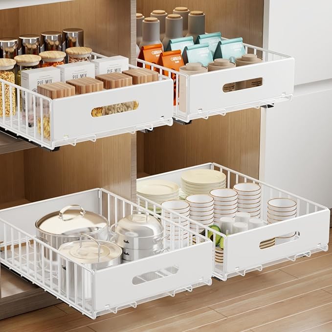 MUSTORN 2 Pack Pull Out Cabinet Organizer, Slide Out Cabinet Drawers Peel and Stick Pull Out Drawers Heavy Duty Pull Out Shelf for Kitchen, Cupboard, Pantry, Bathroom (16.5" D*11.8" W*3.94" H-White) by MUSTORN