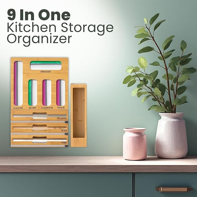 9 IN 1 Storage Bag Organizer for Kitchen Drawer - Wall Mounted | Bamboo Foil and Plastic Wrap with Cutter, Ziplock Bag Organizer for Gallon, Sandwich & Snack Bags - Aluminum Foil Organizer - Image 8