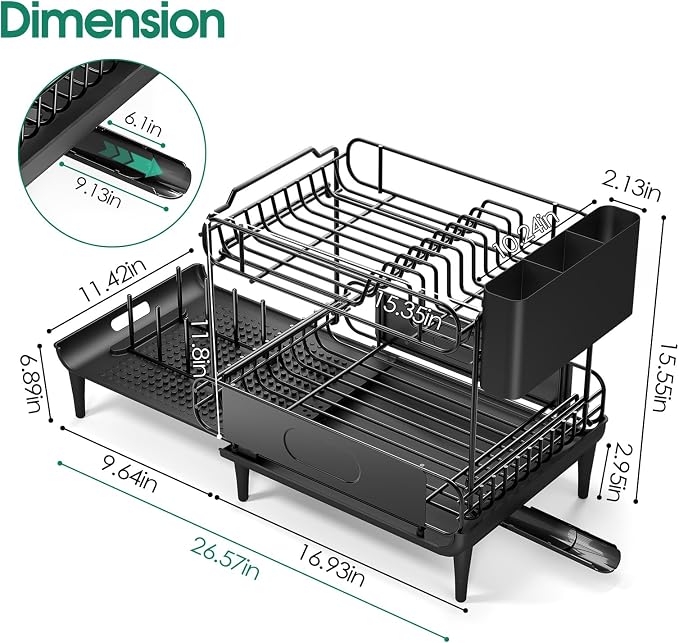Urackify Dish Drying Rack for Kitchen Counter, Expandable 2 Tier Dish Rack, Large Capacity Dish Drainer with Drainboard Multifunctional Dish Strainer with Removable Cutlery Holder Black | 2 Tier. Expands from 16.9 to 26.6 inches to fit more dishes, wit... - Image 7