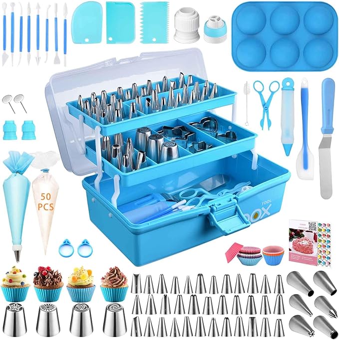 Cake Decorating Tools Supplies Kit: 236pcs Baking Accessories with Storage Case - Piping Bags and Icing Tips Set - Cupcake Cookie Frosting Fondant Bakery Set for Adults Beginners or Professional, Blue by AUKOW