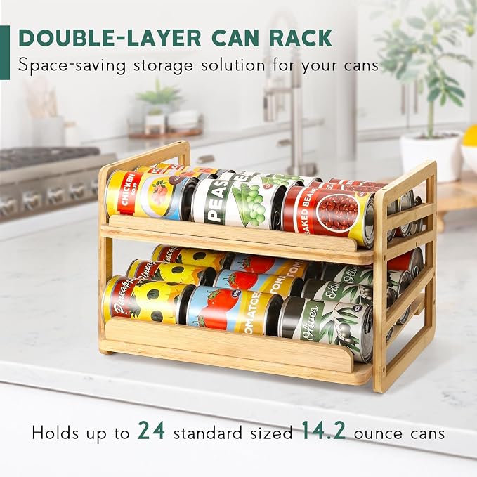 Rolling Bamboo Can Organizer Rack, Stackable Can Storage | Double-Layer Can Storage for Pantry, Canned Goods Holder Dispenser For Countertop Kitchen Cabinet or Pantry Shelf - Image 3