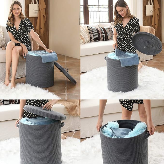 16x18 Inch Extra Large Round Cotton Rope Storage Basket with Lid, Decorative Woven Bin with Cover for Living Room Bedroom Closet, Dark Grey - Image 6