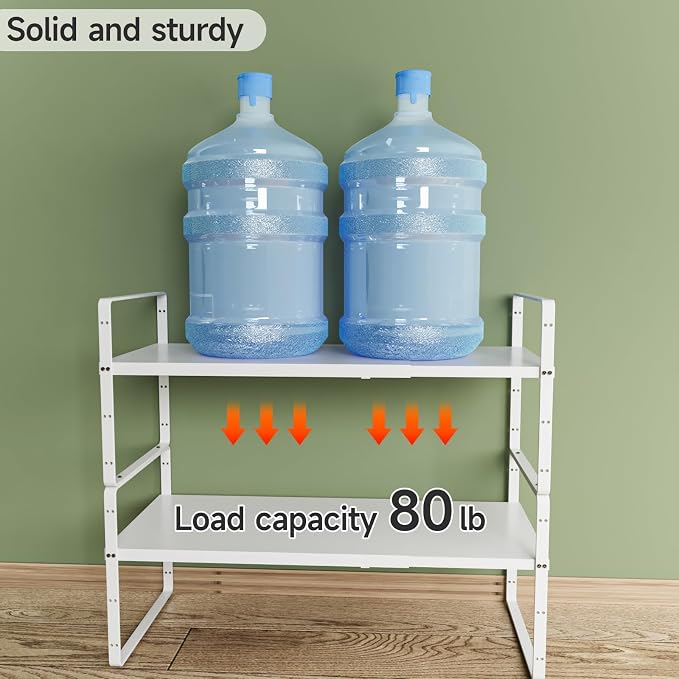2Pack 16.5-27''L Expandable Cabinet Countertop Shelf Organizer, White | 8"W x 9.6"H, Stackable Metal Shelves, Storage Spice Rack, For Pantry and Cupboard, Kitchen Organizers and Storage - Image 3