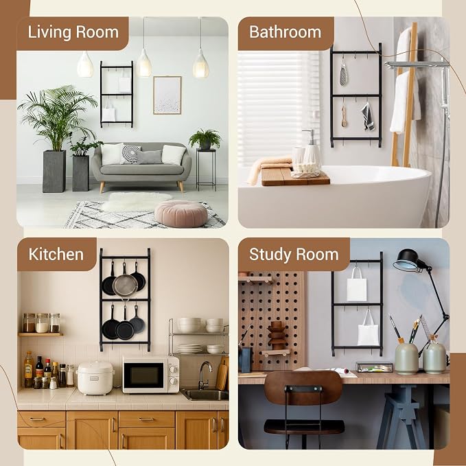 37” Pot and Pan Hanging Rack Wall Mounted, 3 Tier Iron Vertical Hanging Pan Organizer Shelf with 8 S Hooks Hanger for Kitchen Utensils, Space Saving Storage for Cookware - Image 5