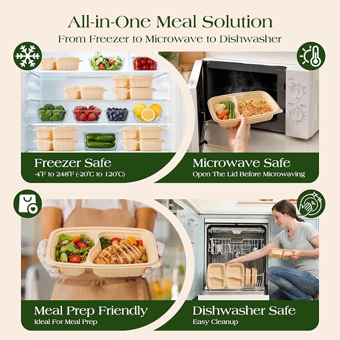 100 Piece (50 Pack) Meal Prep Containers Reusable - 2 Compartment 32 oz Cornstarch Snack Containers with Lids - Plastic Food Storage Salad Containers - To Go Lunch Box - Microwave & Freezer Safe - Image 8