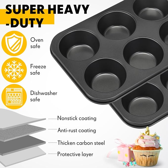 6 Pack Nonstick Jumbo Muffin Baking Pan Muffin Tins Heavy Duty Cupcake Tin Gold Carbon Steel Cup Cake Tray for Baking Cupcakes, Dishwasher Safe Small Muffins Tarts(Jumbo,Black) - Image 3