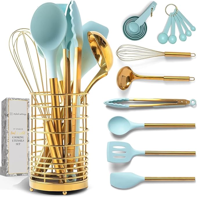 Styled Settings Teal Blue Kitchen Utensils Set with Holder, 17-Piece, Gold | Nonstick Safe Cooking Utensils with Gold Utensil Holder - Stylish Teal Blue Kitchen Accessories for Cooking and Baking by STYLEDSETTINGS