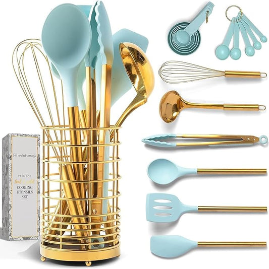 Styled Settings Teal Blue Kitchen Utensils Set with Holder, 17-Piece, Gold | Nonstick Safe Cooking Utensils with Gold Utensil Holder - Stylish Teal Blue Kitchen Accessories for Cooking and Baking by STYLEDSETTINGS