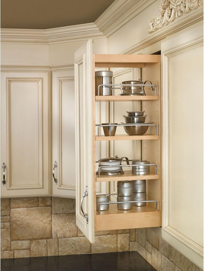 Rev-A-Shelf 8" Pullout Storage Organizer for Wall Kitchen Cabinets, Sliding Adjustable Shelves for Spice Rack or Cans, Wood and Chrome, 448-WC-8C - Image 4