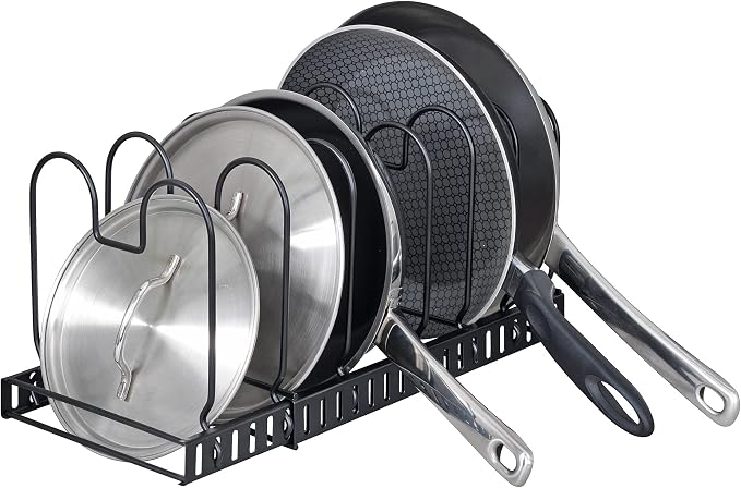 WENKO Pan Storage and Lid Holder, Telescopic Storage for Cupboards with 6 Compartments for Frying Pans and Lids, Cutting Board, Metal, 30-57 x 18 x 18 cm, Black - Image 4