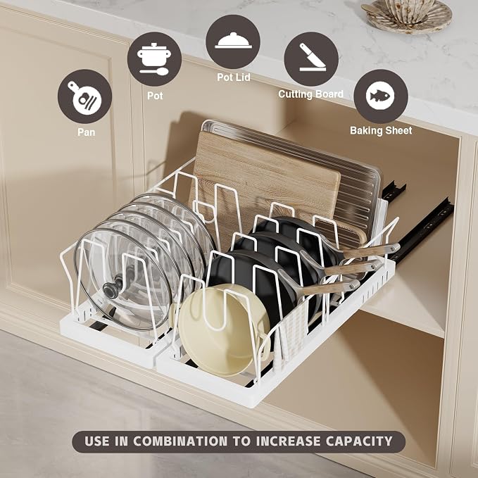 Magheo 2 Pack Pots and Pans Organizer Under Cabinet, 22" Deep Expandable Pull Out Pot Lid Organizer and Storage with 10 Adjustable Dividers No Drill Pot and Pan Holder Rack with Handle Bracket(White) - Image 2