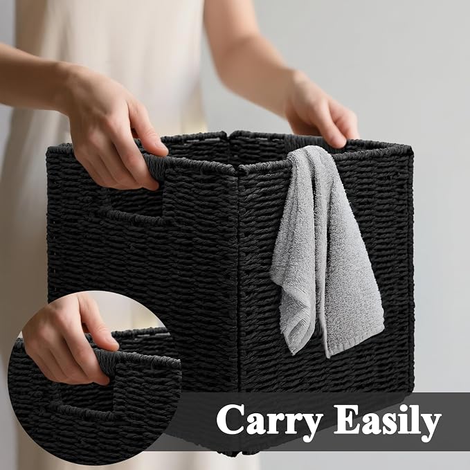 Wicker Storage Baskets for Organizing, 3 Pack Rustic Foldable Square Basket for Shelves, Handwoven Cubby Organizer Bins for Home Decor, Small Cube Storage Bin for Closet Organization (Black 11 inch) - Image 4