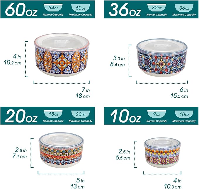 vancasso SIMI Serving Bowls with Lids, Ceramic Mixing Bowls Set of 4, Boho | Nesting Bowls for Food Storage, Prep, Stackable Bohemian Bowls, Dishwasher & Microwave Safe Gift Set, 60/36/20/10 OZ - Image 2
