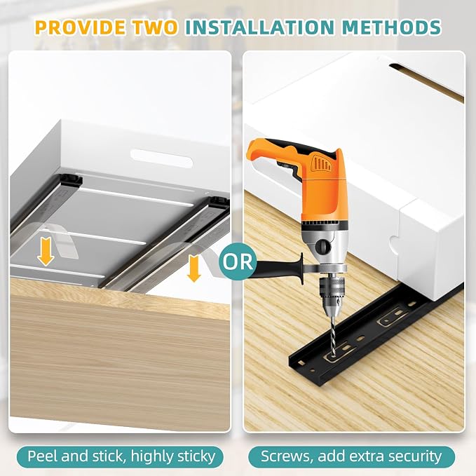 HBL' 2 Pack | 21" Deep Pull Out Cabinet Organizer Adhesive, (13.8" to 22.0") Width Expandable Sturdy Carbon Steel Roll-Out Drawers, Designed for Frameless Cabinets, Slide-Out Shelves for Pantry. - Image 3