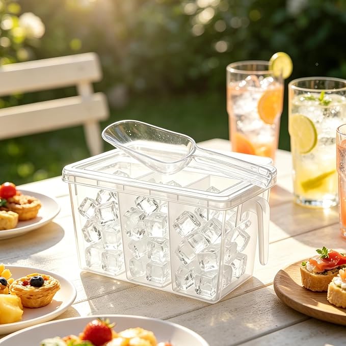 CIEOVO 2 Set 3 Divided Ice Bin for Freezer with Lid and 2 Scoop Set Plastic Freezer Ice Bin with Pull-Out Handle Clear Storage Bucket Kitchen Food Storage Organizer for Home Office Fridge Kitchen - Image 5