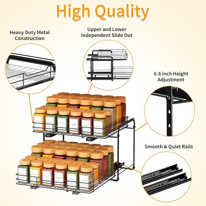 RCHYFEED 2 Tier Pull Out Spice Rack Organizer for Cabinet,11.5"Wx10.5Dx9.5H | Height Adjustable Spice Organization for Cabinet Metal Slide Out Spice Rack Heavy Duty Vertical Spice Rack for Cabinet,Pantry - Image 5