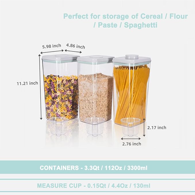 Pop Containers with Lids Stackable Food Storage Canisters 3pc | with 3pc Measure Scoop Airtight Kitchen Pantry Organizers for Snack Candy Salt Herb Spices Pasta Cereal Flour Sugar 3.48qt *3 - Image 2