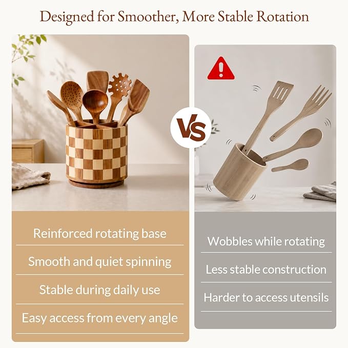 Rotating Wooden Utensil Holder – 7.8” Round Acacia Wood Kitchen Utensil Organizer with Checkered Design, Large Countertop Crock for Spatulas, Spoons & Cooking Tools, Farmhouse Kitchen Decor - Image 6
