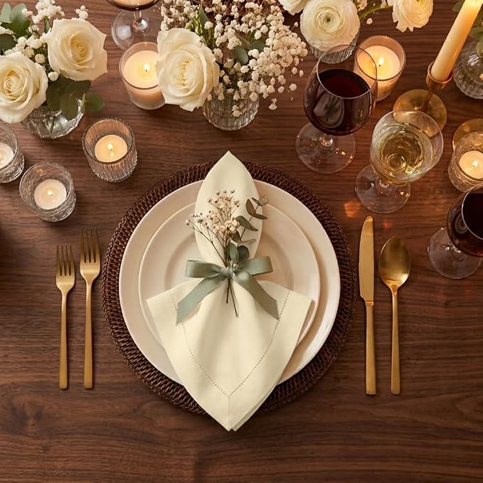 Signature Linen™ by D'Moksha Ivory Dinner Napkins Set of 4, 20 x 20 Inch Cloth Napkins, 100% Pure Linen, Hemstitch, Machine Washable Table Napkins- Summer, Weddings, Outdoor hostings - Image 2