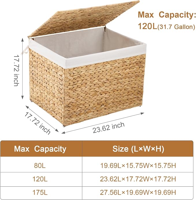 Water Hyacinth Storage Basket with Lid, 31.7 Gallon (120L) Wicker Shelf Basket with Removable Liner, Wicker Storage Basket for Blanket, for Livingroom, Bedroom, Natural - Image 4