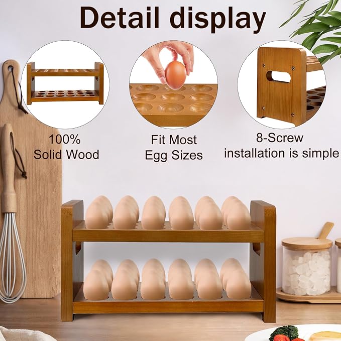 Thick&Thin Egg Holder Countertop, Wooden Egg Holder for Fresh Eggs, Farmhouse Kitchen Egg Tray Rack Holds 36, Firewood Egg Storage with Carry Handle for Easter Eggs, Duck - Image 4