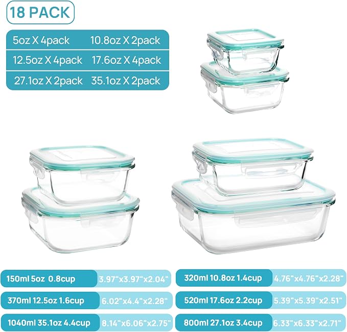 Vtopmart 18Pack Glass Food Storage Containers with Lids, Meal Prep Containers, Airtight Lunch Containers Leak Proof Locking Lids for Microwave, Oven, Freezer, Dishwasher - Image 5