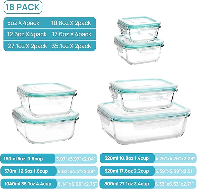 Vtopmart 18Pack Glass Food Storage Containers with Lids, Meal Prep Containers, Airtight Lunch Containers Leak Proof Locking Lids for Microwave, Oven, Freezer, Dishwasher - Image 5