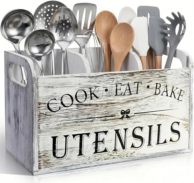 Rustic White Wooden Utensil Holder for Kitchen Counter Decor,Extra Large Kitchen Utensil Holder Silverware Caddy Farmhouse Wood Cutlery Holder Cooking Utensil Stand Storage kitchen Tools Holder by A+CENTER