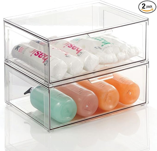 mDesign Plastic Stackable Bathroom Storage Organizer Bin Containers with Front Pull Drawer for Bathroom Countertop, Vanity, Closet Shelves - Holder for Accessories - Lumiere Collection, 2 Pack, Clear by mDesign