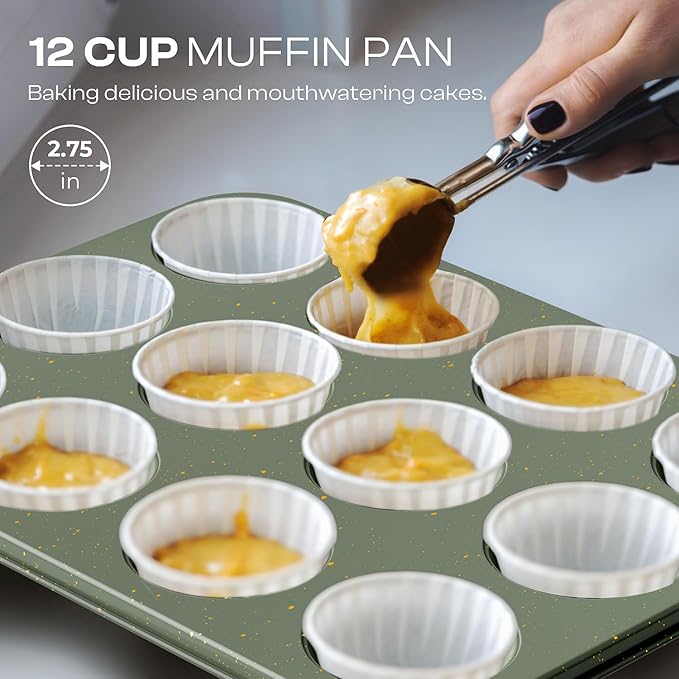 12-Piece Nonstick Baking Set, Non-Toxic Bakeware Set - Ceramic Coated Green | With Baking Sheet, Cake Pan, Square Pan, Loaf Pan, Roasting Pan, Muffin Pan, Cookie Sheet, Cooling Rack & Kitchen Utensilss - Image 5