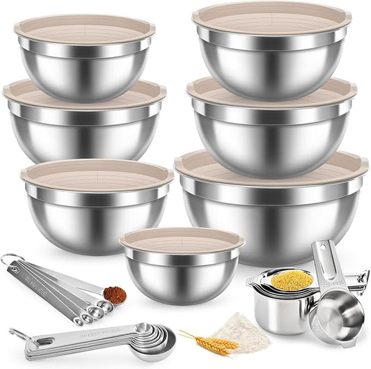 28PCS Mixing Bowls with Airtight Lids Set, Stainless Steel Nesting Prep Bowls with 7 Measuring Cups & 14 Measuring Spoons for Cooking, Baking, Serving, Food Storage, Size 5.5/3.5/2.5/2/1.4/1/0.62QT by YUNNKEEY