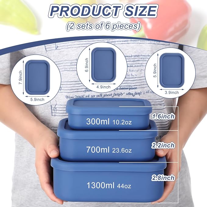 2 Sets of 6 Silicone Food Storage Containers, Reusable Lunch Bento Box with Lid, Hard Shell Storage Containers, Microwave Dishwasher Freezer Safe, 10 oz, 23.6 oz, 44 Ounce(Blue) - Image 2